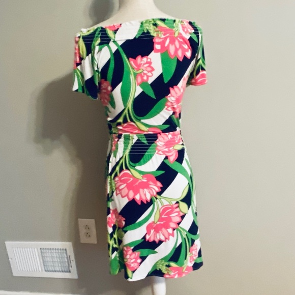 Lilly Pulitzer Dress Knit Stretch Off or On Shoulder Lotus Floral Navy Pink - Picture 5 of 10